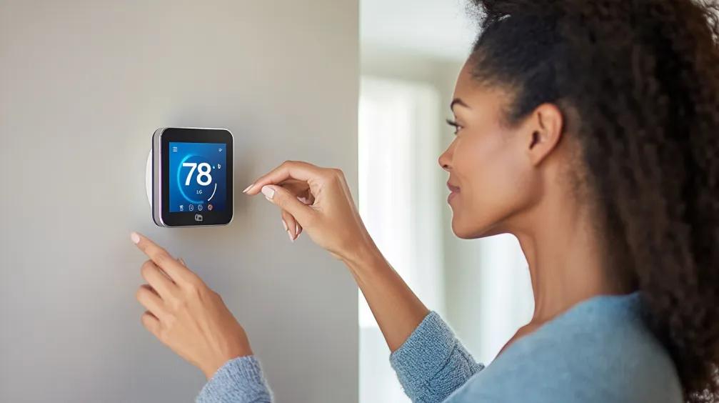 Woman adjusting thermostat inside home