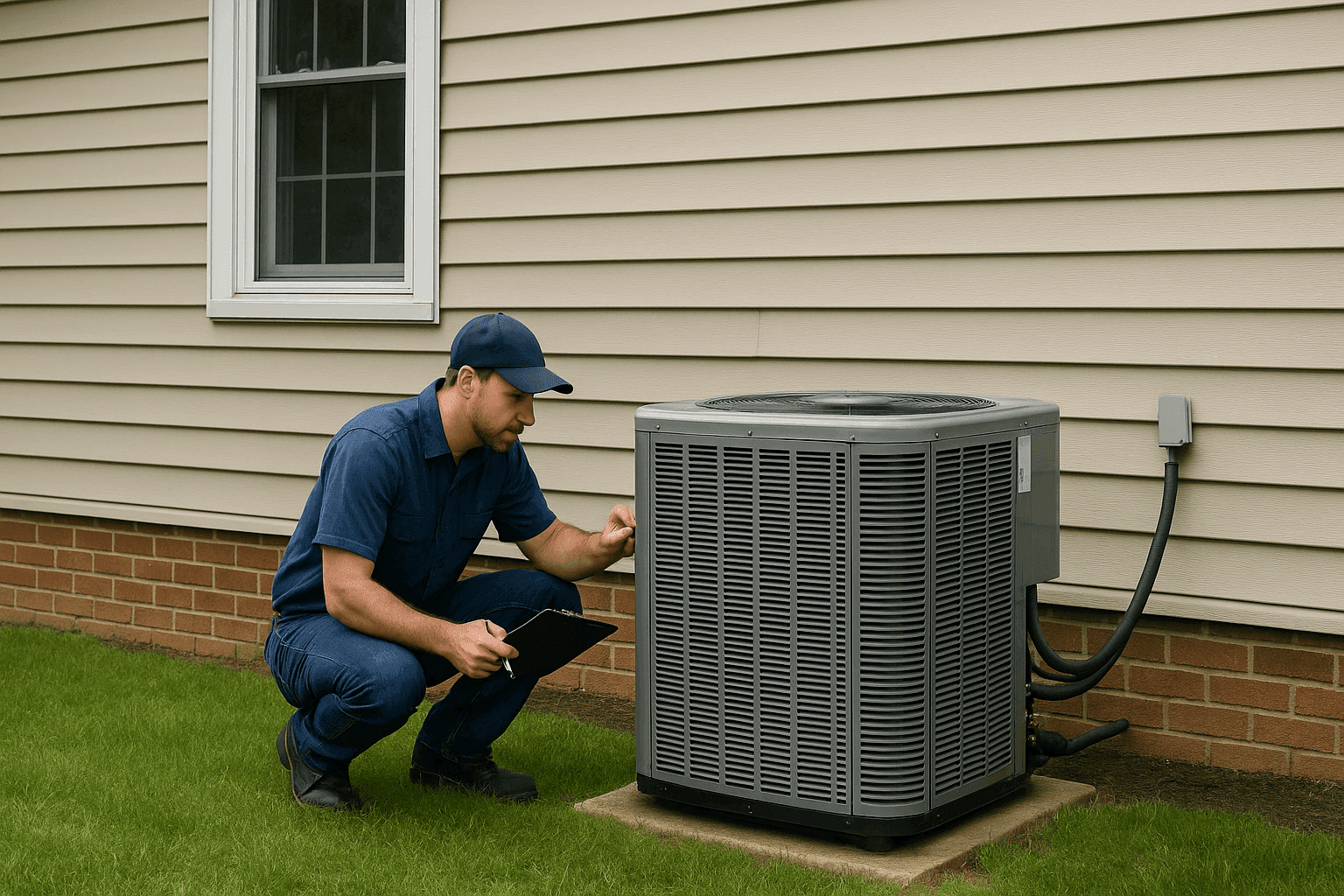 HVAC technician inspecting air conditioning system