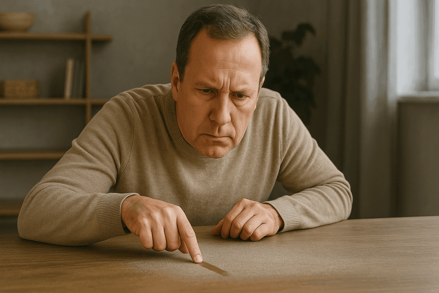 Man using his finger to wipe dust off of a table