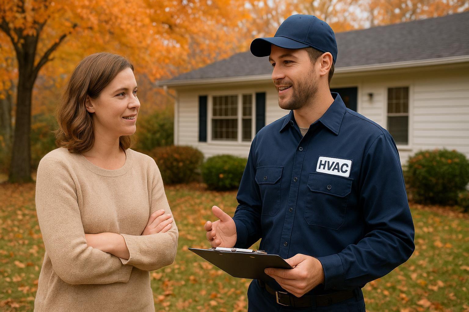 Homeowner speaking with HVAC technician in front yard