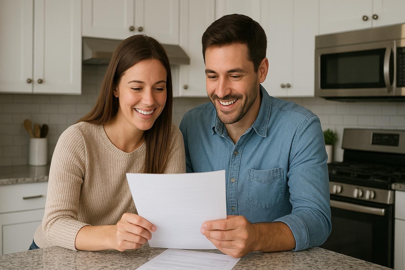 Married couple looking over paperwork in their kitchen