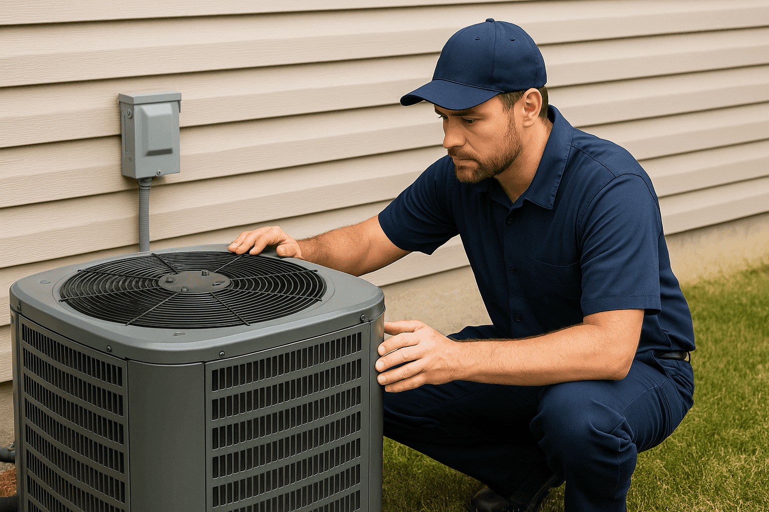 HVAC technician inspecting air conditioning system